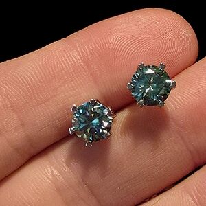 2 Carat Blue/Green Moissanite Sterling Silver Stud Earrings